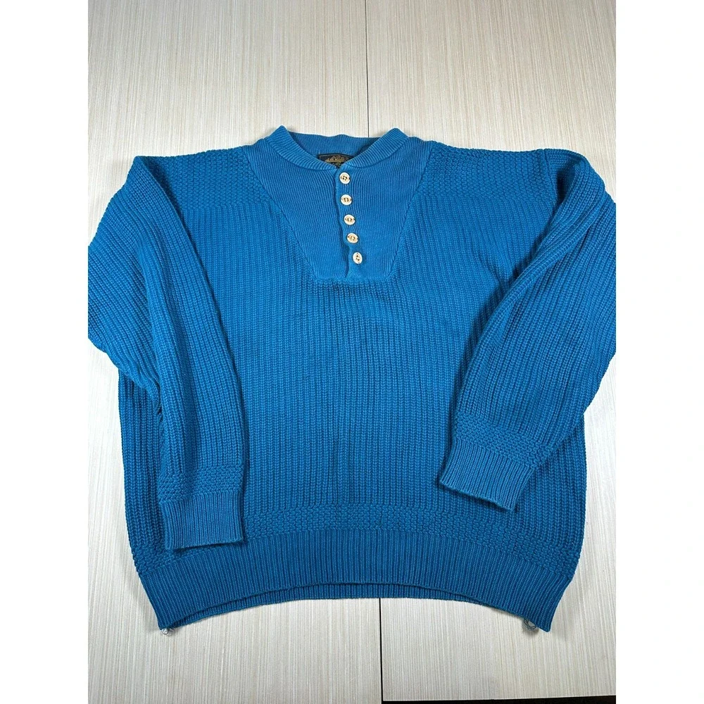 Vintage Eddie Bauer Sweater Mens Large Blue Cotton Knit Henley‎ Neck Outdoor